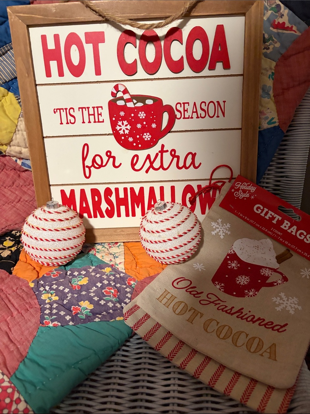 Hot Cocoa Holiday Wall Sign and Gift Bag Set - and 2 red/white striped ornaments